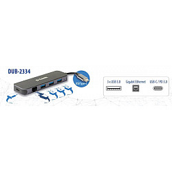 D-Link USB HUB DUB-2334 5in1 USB-C - USB3.0x3, GLAN, PD