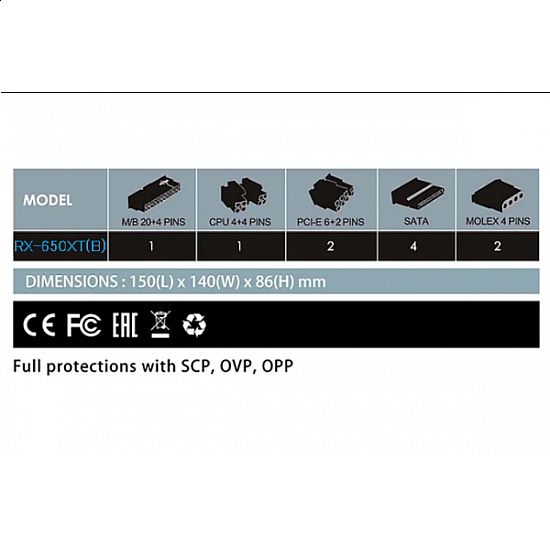 Raidmax napajanje 650W RX-650XT(B) Black, 120mmTC Fan, SI Bulk