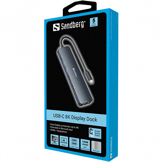 Sandberg docking station USB-C - HDMI, DP, LAN, 2xUSB 3.0, USB C PD 100W 136-43