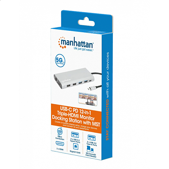 Manhattan docking station 130660 12in1 USB-C - 3xHDMI, 4xUSB, LAN, CR, PD 100W