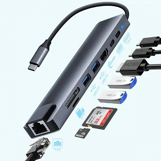Zeus adapter-konverter USB Tip C 11, 1 1xUSB3.0, 3xUSB2.0, HDMI, TF, SD, Audio, RJ45, VGA, Tip C PD