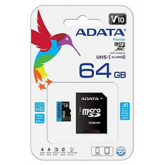 ADATA UHS-I MicroSDXC 64GB class 10 + adapter AUSDX64GUICL10A1-RA1