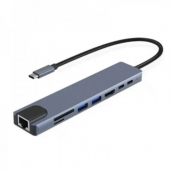 Kettz Adapter Tip C 8, 1 4K HDMI, USBx2, SD, TF, USB-C, PD, Lan KT-801G 